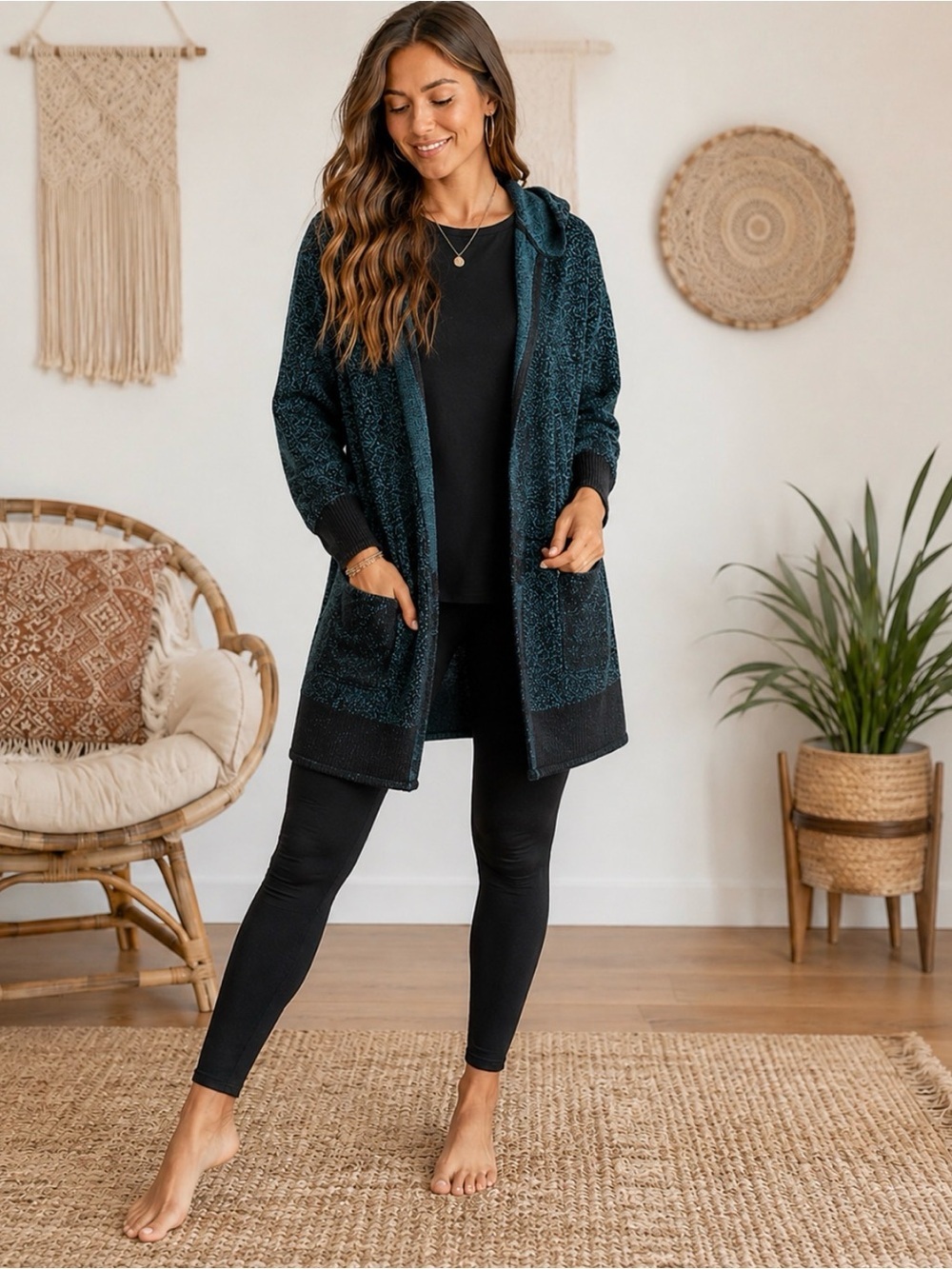 Chico’s Open-Front Teal Hooded Cardigan Jacket Size 1/M